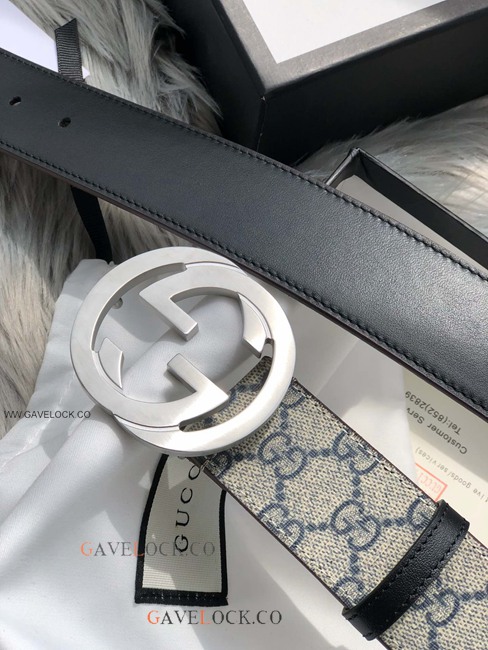 Gucci Leather Belt PVC Brown & Blue Monogram Steel Buckle